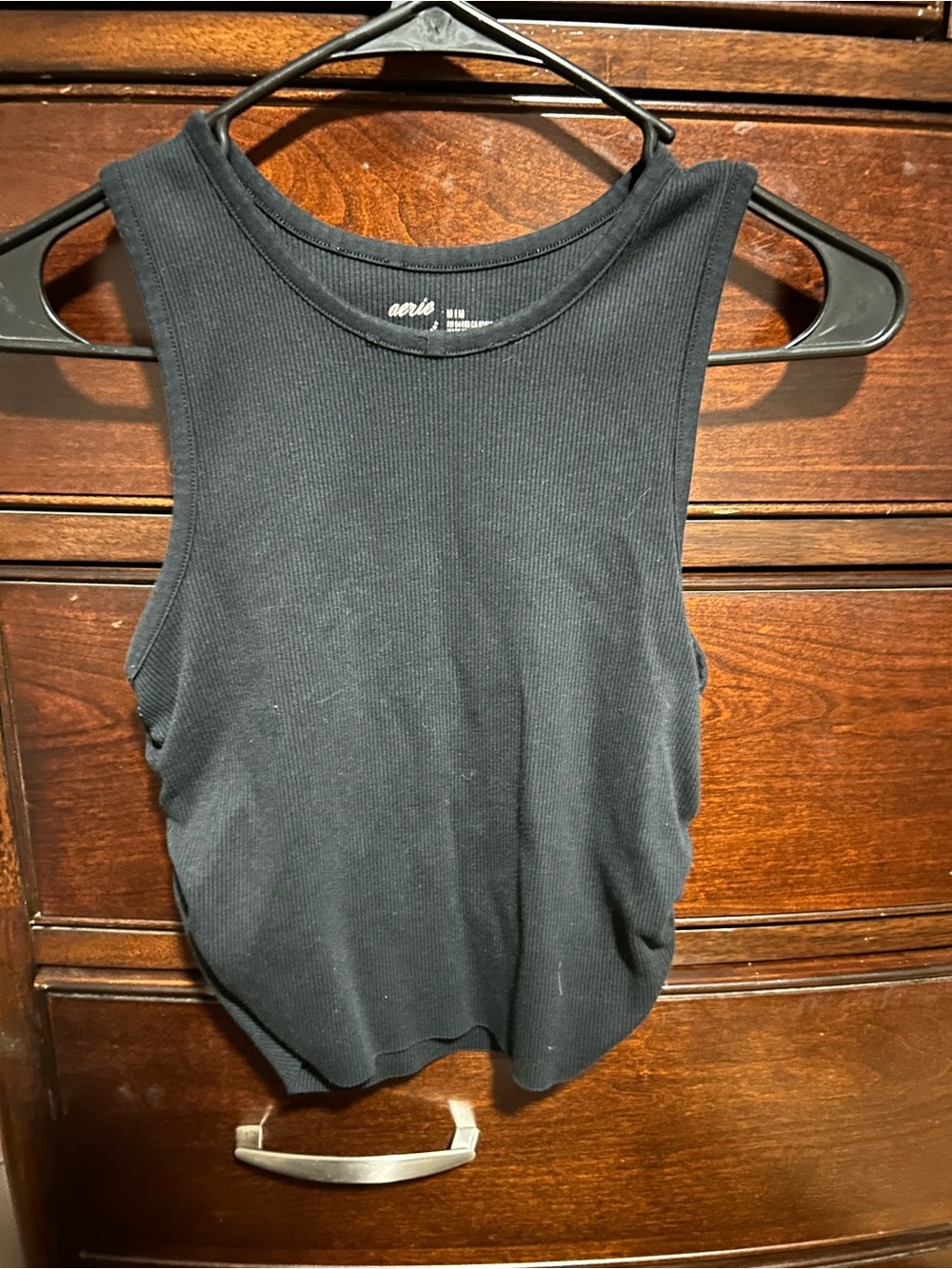 aerie Black Ribbed High-Neck Tank
